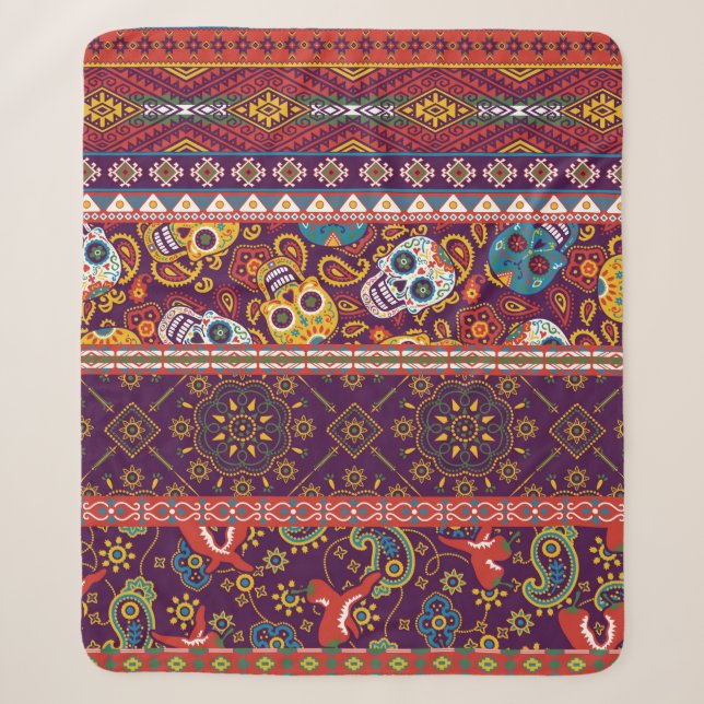 Mexican style traditional fabric patchwork abstrac sherpa blanket (Front)