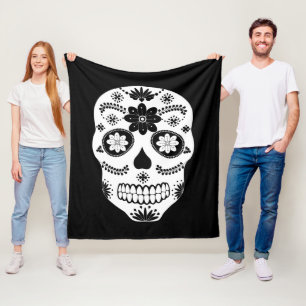 Mexican Sugar Skull 2 Black And White Fleece Blanket