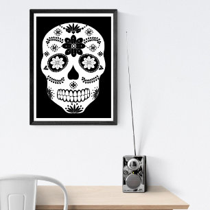 Mexican Sugar Skull 2 Black And White Poster