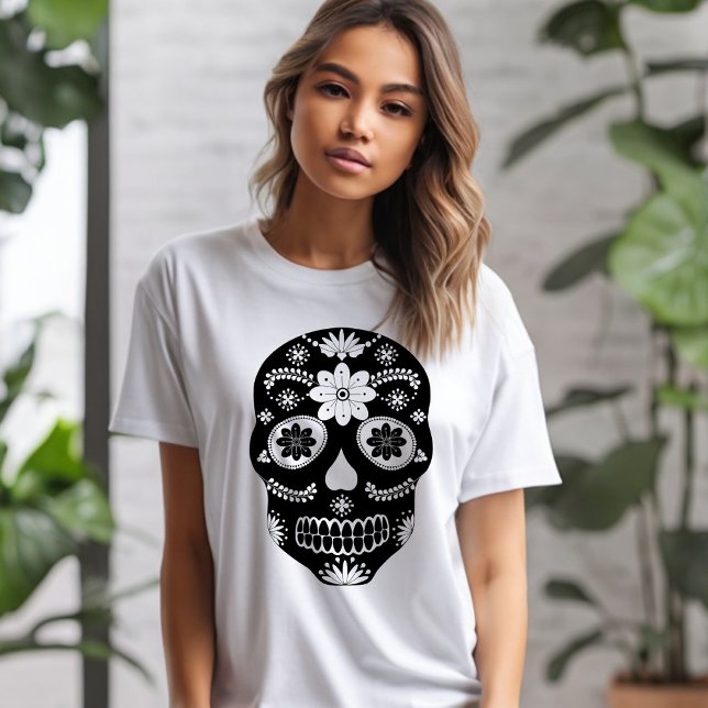 Mexican Sugar Skull 2 Black And White T-Shirt (Creator Uploaded)
