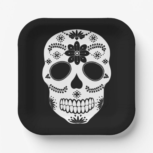 Mexican Sugar Skull Black And White Paper Plates (Front)