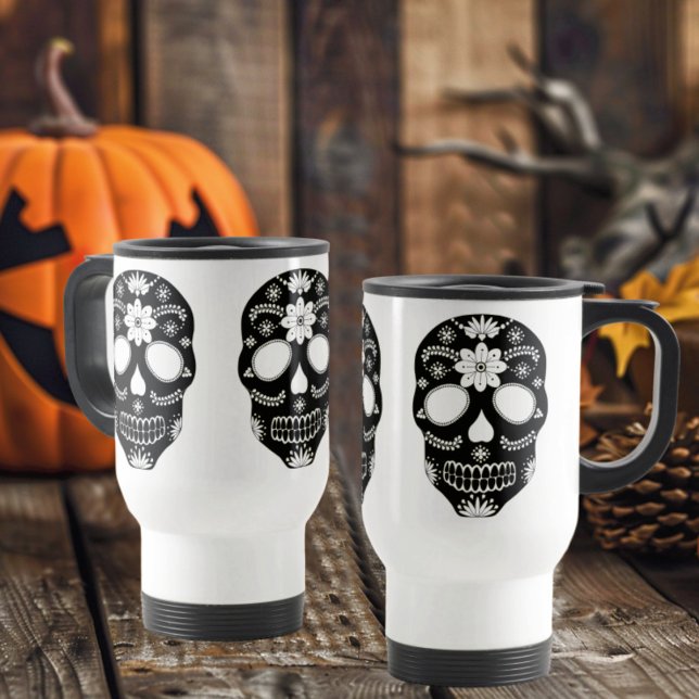 Mexican Sugar Skull Black And White Travel Mug (Creator Uploaded)