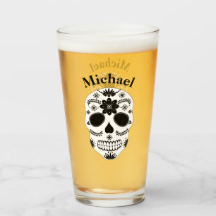 Mexican Sugar Skull Black And White With Name Glas Glass
