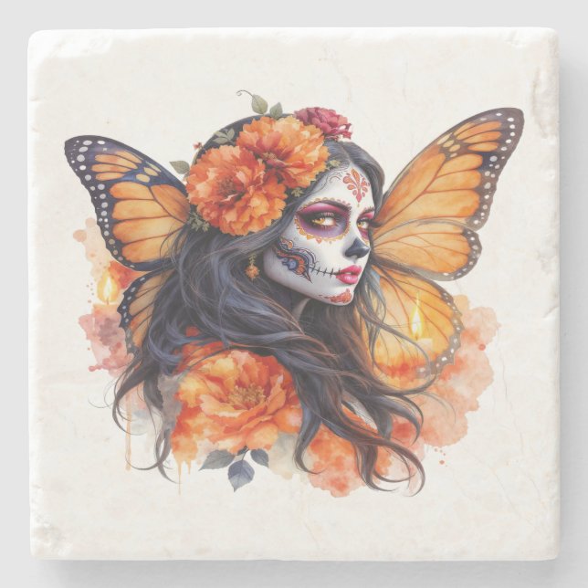 Mexican Sugar Skull Calavera Catrina Stone Coaster (Front)