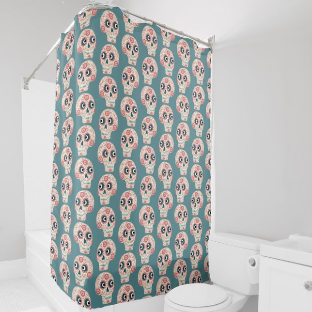 Mexican Sugar Skull Day of the Dead Green Shower Curtain (Fun Mexican Day of the Dead Sugar Skull teal green pattern shower curtain)