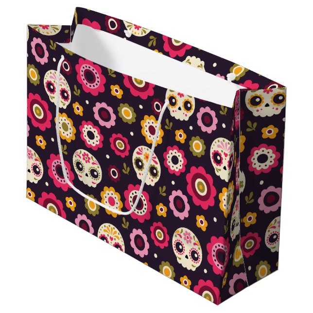 Mexican Sugar Skull Floral Pattern Large Gift Bag (Front Angled)