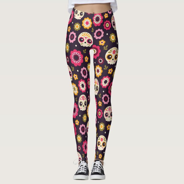 Mexican Sugar Skull Floral Pattern Leggings (Front)