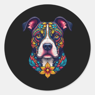 Mexican Sugar Skull Pitbull Dog Dia De Muertos Hal Classic Round Sticker