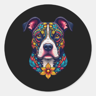 Mexican Sugar Skull Pitbull Dog Dia De Muertos Hal Classic Round Sticker