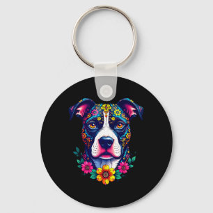 Mexican Sugar Skull Pitbull Dog Dia De Muertos Key Ring