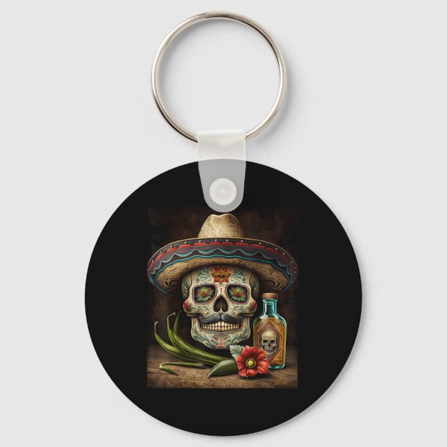 Mexican Sugar Skull Tequila Sombrero Cinco De Mayo Key Ring (Front)