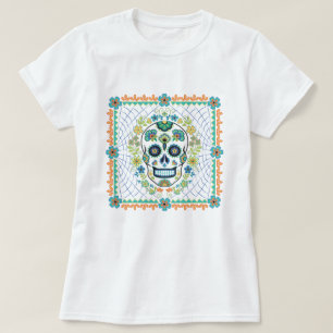 Mexican Sugar Skull with Aqua flowers T-Shirt