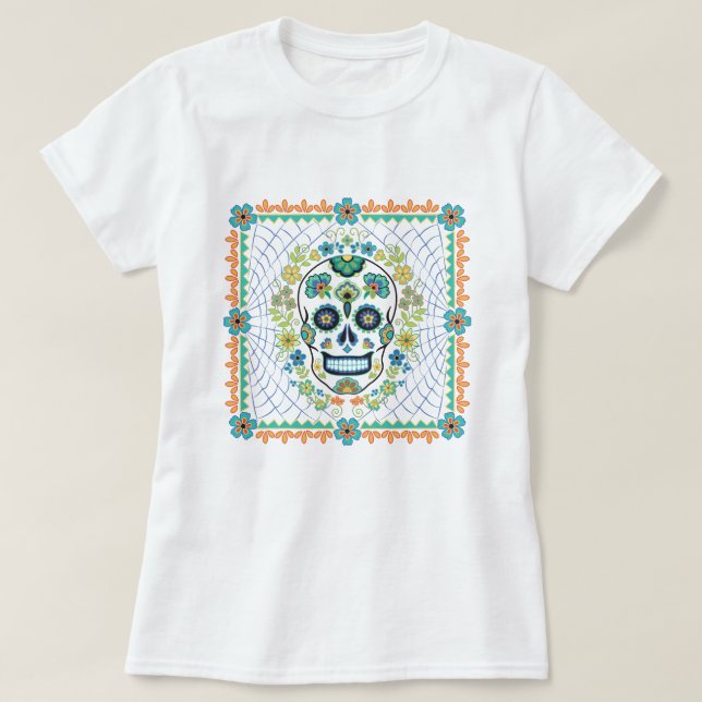 Mexican Sugar Skull with Aqua flowers T-Shirt (Design Front)