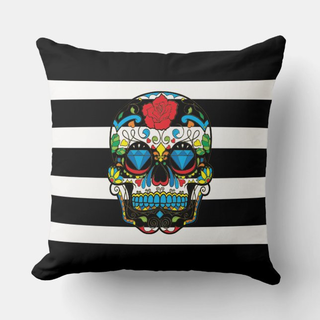 Mexican Sugar Skull With Black Stripes Fleece Blan Cushion (Front)