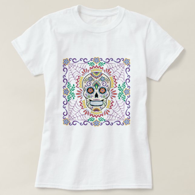 Mexican Sugar Skull with Blue flowers T-Shirt (Design Front)