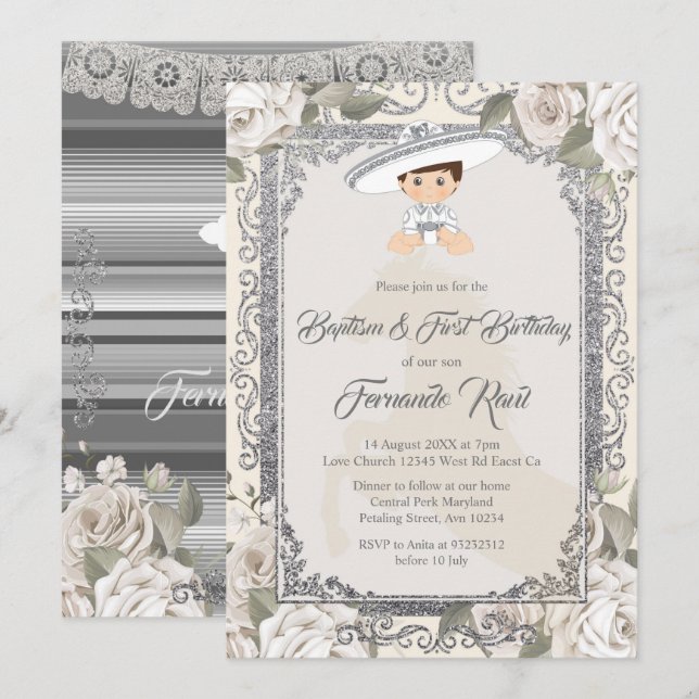 Mexican Sylver Fiesta Boy Baptism and Birthday Invitation (Front/Back)
