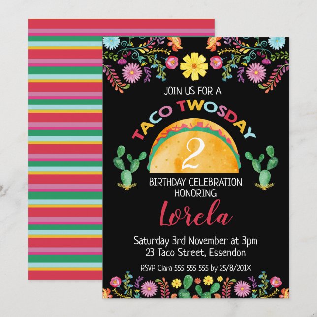 Mexican Taco Twosday 2nd Birthday Invitation (Front/Back)