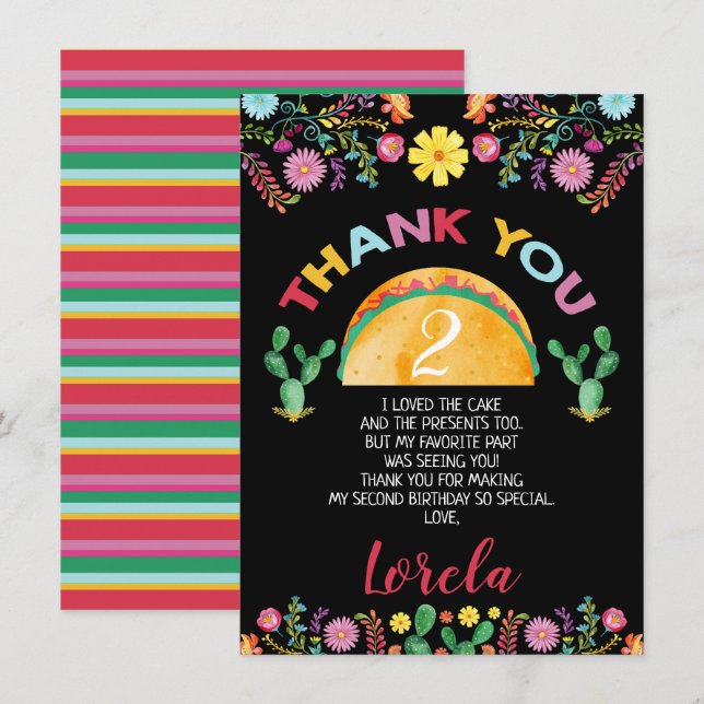 Mexican Taco Twosday 2nd Birthday Thank You Card (Front/Back)