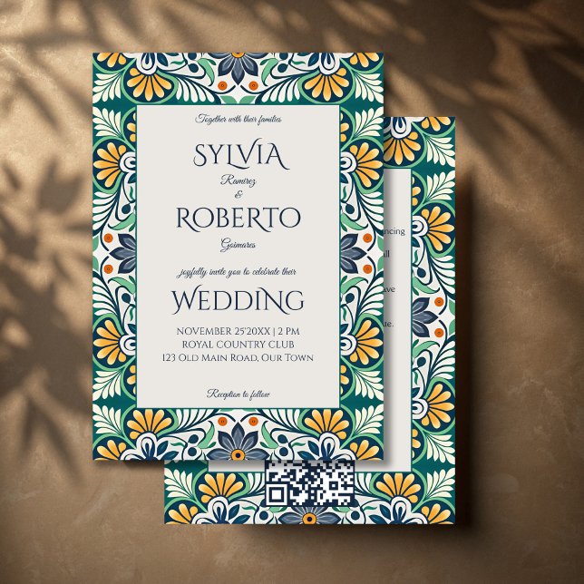Mexican Talavera Azulejo elegant wedding with RSVP Invitation (Mexican Talavera Azulejo elegant wedding Invitations with RSVP elegant vintage cards template)