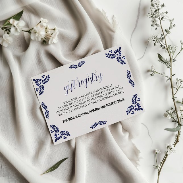 Mexican Talavera Blue Floral Minimalist Wedding Enclosure Card (Mexican Talavera Blue Floral Minimalist Wedding Enclosure Card)