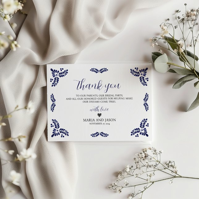 Mexican Talavera Blue Floral Minimalist Wedding Thank You Card (Mexican Talavera Blue Floral Minimalist Wedding Thank You Card)