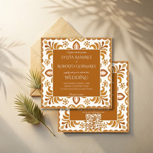 Mexican Talavera brown elegant wedding with RSVP Invitation (Mexican brown Talavera elegant vintage wedding invitations with RSVP template instant download)