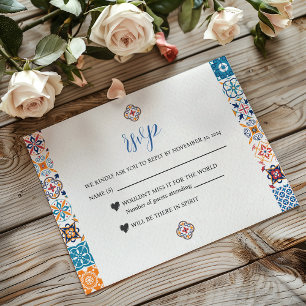 Mexican Talavera Colourful Floral Fiesta Wedding RSVP Card