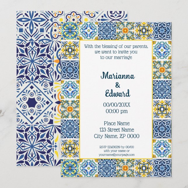 Mexican Talavera Design Wedding Invitation (Front/Back)