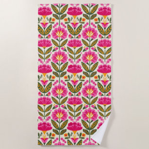 Mexican Talavera Flowers Fuchsia Pink Botanical Beach Towel