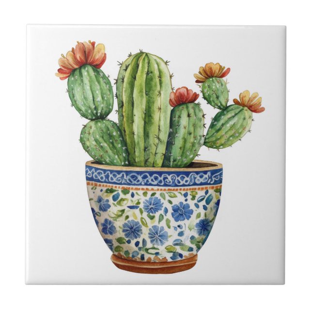 Mexican Talavera Hacienda Style Cactus Tile White (Front)