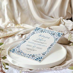 Mexican Talavera Majolica Blue Floral Boda Wedding Invitation