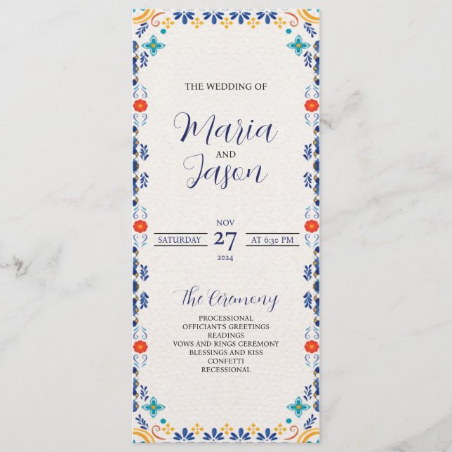 Mexican Talavera Majolica Floral Aesthetic Wedding Programme (Front)