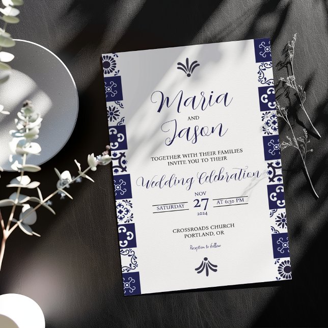 Mexican Talavera Majolica Navy Blue White Wedding Invitation (Mexican Talavera Majolica Navy Blue White Wedding Invitation)