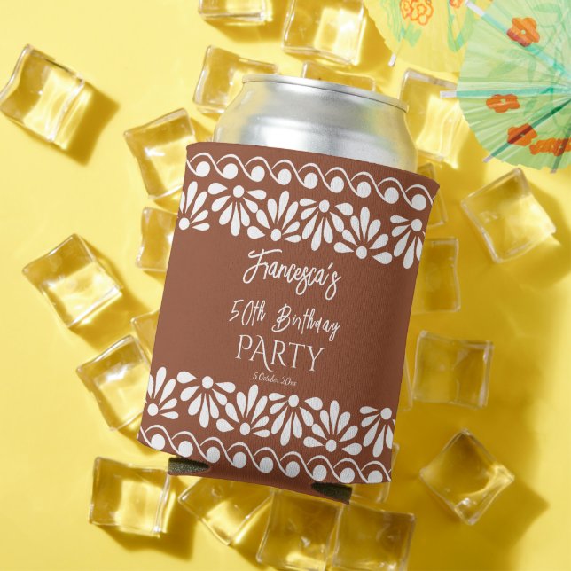 Mexican talavera party favours monogram terracotta can cooler (In Situ Summer)