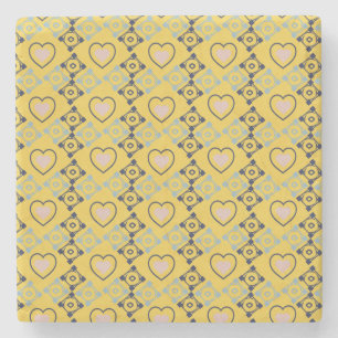 Mexican Talavera Pink Hearts Blue Yellow Stone Coaster