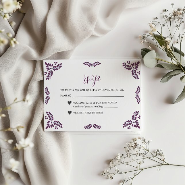 Mexican Talavera Purple Floral Minimalist Wedding RSVP Card (Mexican Talavera Purple Floral Minimalist Wedding RSVP Card)