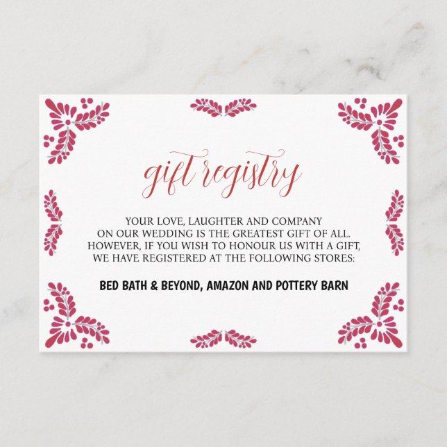 Mexican Talavera Red Floral Minimalist Wedding Enclosure Card (Front)