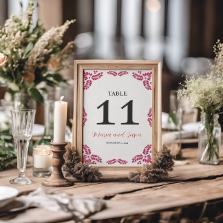 Mexican Talavera Red Floral Minimalist Wedding Table Number