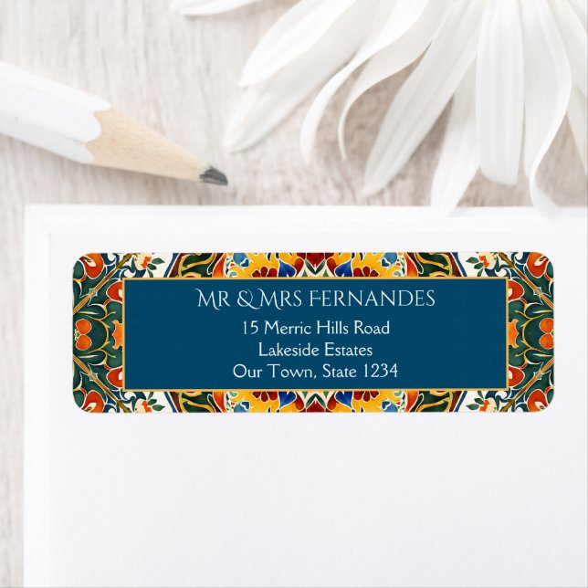 Mexican Talavera teal elegant return address (Insitu)