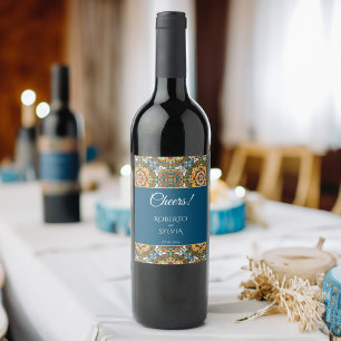 Mexican Talavera teal elegant wedding favour Wine Label