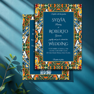 Mexican Talavera teal elegant wedding with RSVP Invitation