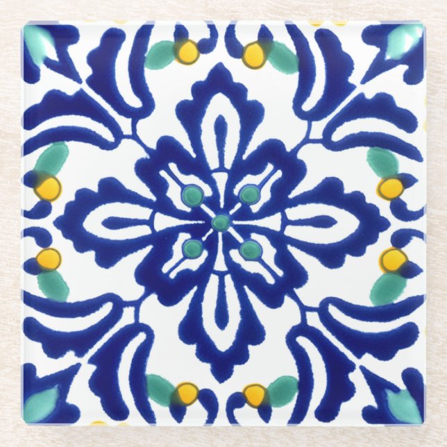 Mexican Talavera Terracotta Tile Design No. 10 Glass Coaster (Front)