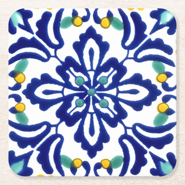 Mexican Talavera Terracotta Tile Design No. 10 Square Paper Coaster (Front)