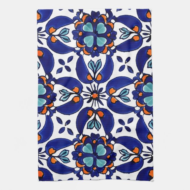 Mexican Talavera Terracotta Tile Design No. 1 Tea Towel (Vertical)