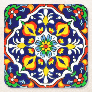 Mexican Talavera Terracotta Tile Design No. 3 Square Paper Coaster