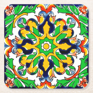 Mexican Talavera Terracotta Tile Design No. 4 Square Paper Coaster