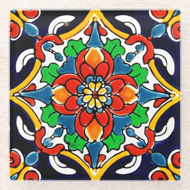 Mexican Talavera Terracotta Tile Design No. 5 Glass Coaster (Front)