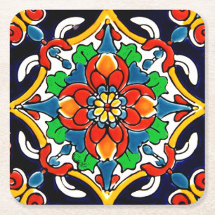 Mexican Talavera Terracotta Tile Design No. 5 Square Paper Coaster