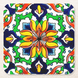 Mexican Talavera Terracotta Tile Design No. 6 Square Paper Coaster