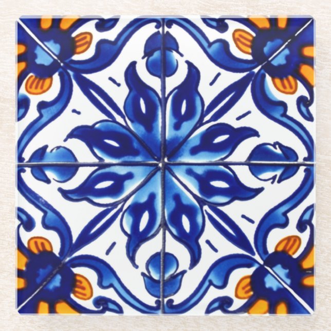 Mexican Talavera Terracotta Tile Design No. 8 Glass Coaster (Front)